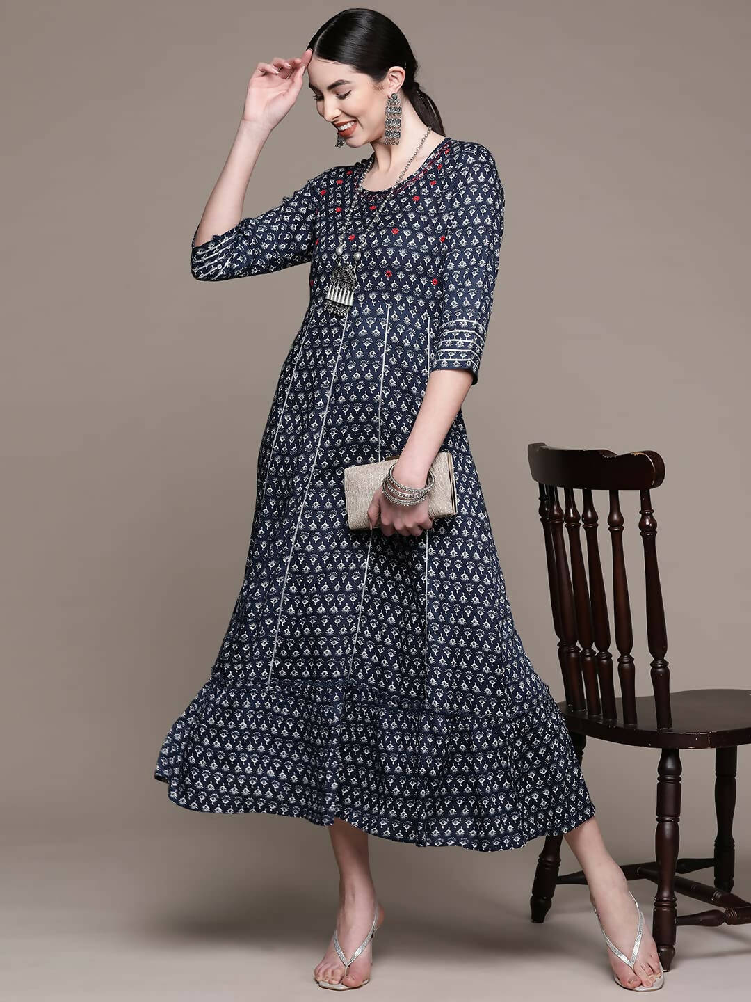 Buy NOZ2TOZ Women Ethnic Motifs Block Printed Mirror Work Maxi Cotton Ethnic  Dress - Blue Online at Best Price | Distacart
